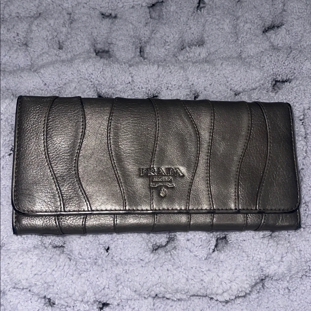 Prada Metallic Gun Metal Gray Leather Wallet